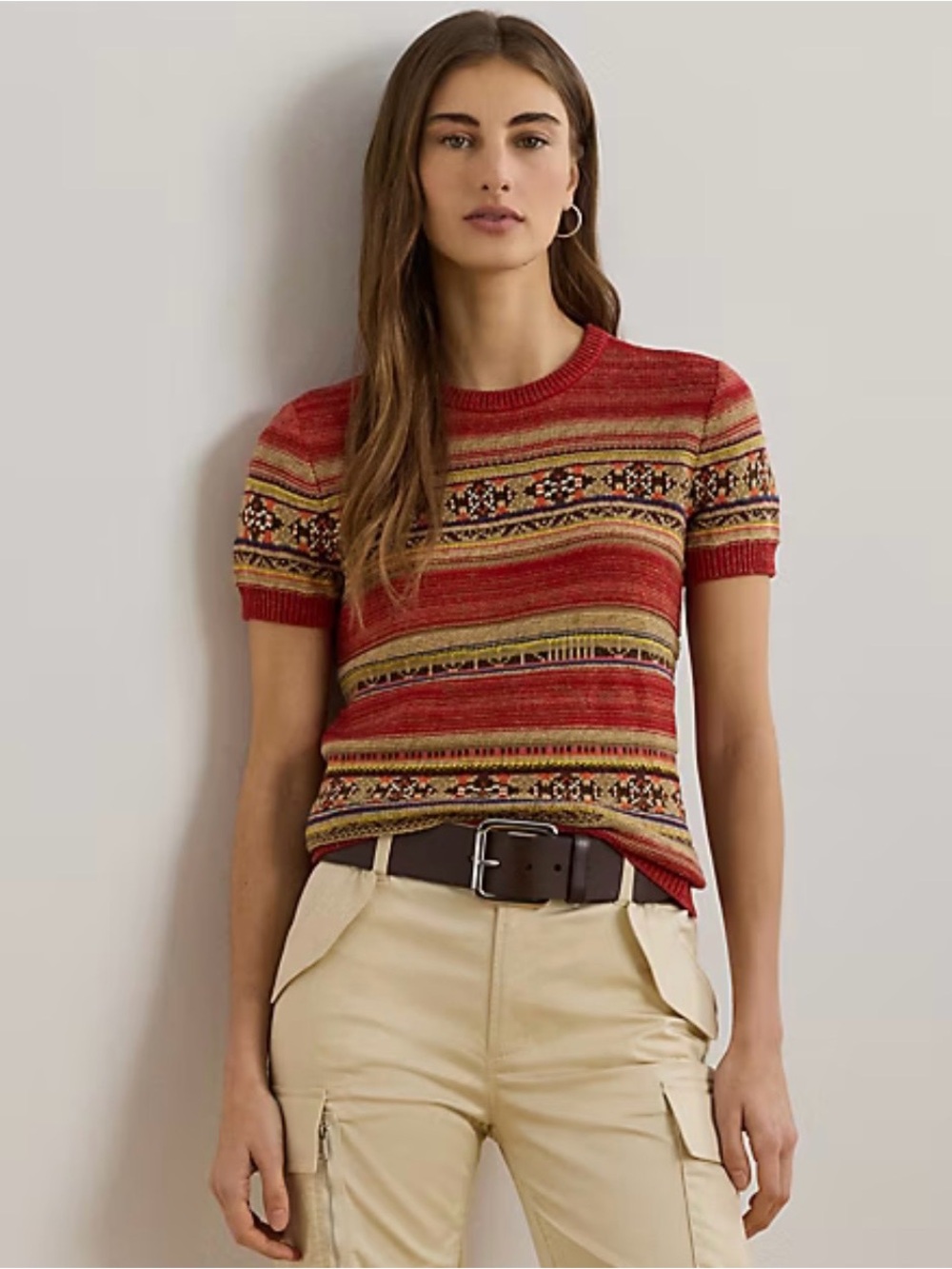 Sold Ralph Lauren Fair Isle Knit Short Sleeve Sweater Red Linen Cotton M NWT